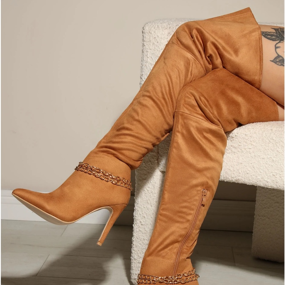 Beautiful sexy brand new khaki or pink over the knee boots with 4 inch stiletto